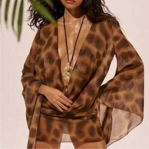 Coffee Brown Women's sheer Chiffon Long Sleeve Plunge Cowl Neck ultra Mini Dress